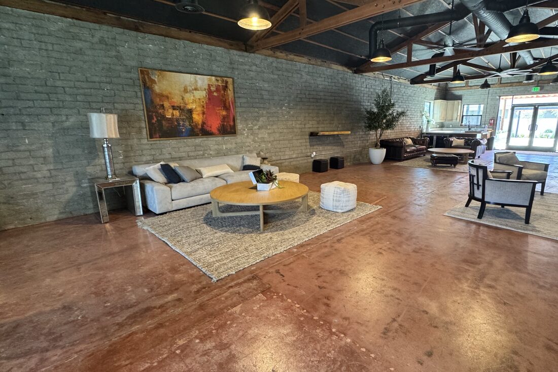 Wide view of the lounge: linen sofa and abstract painting in front, olive tree and seating by the doors, trusses overhead