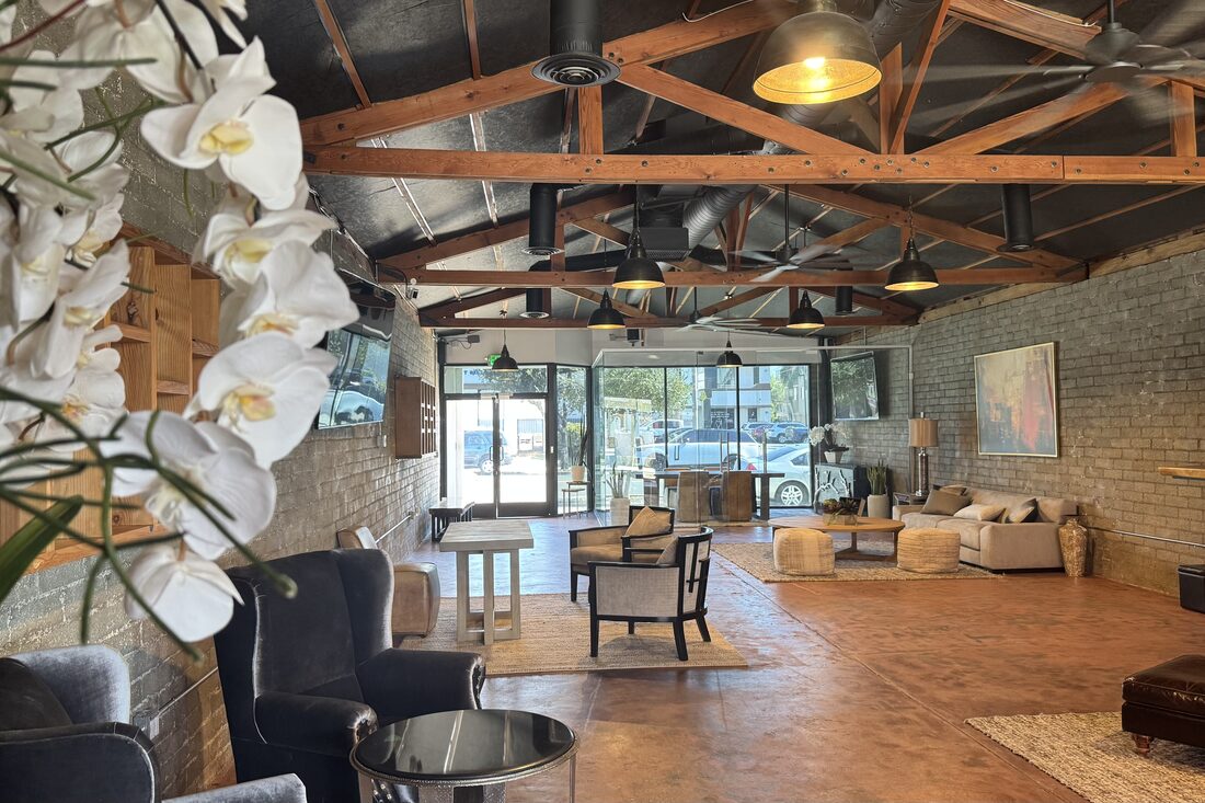 White orchids in the foreground under the full timber truss ceiling, looking toward the storefront entry